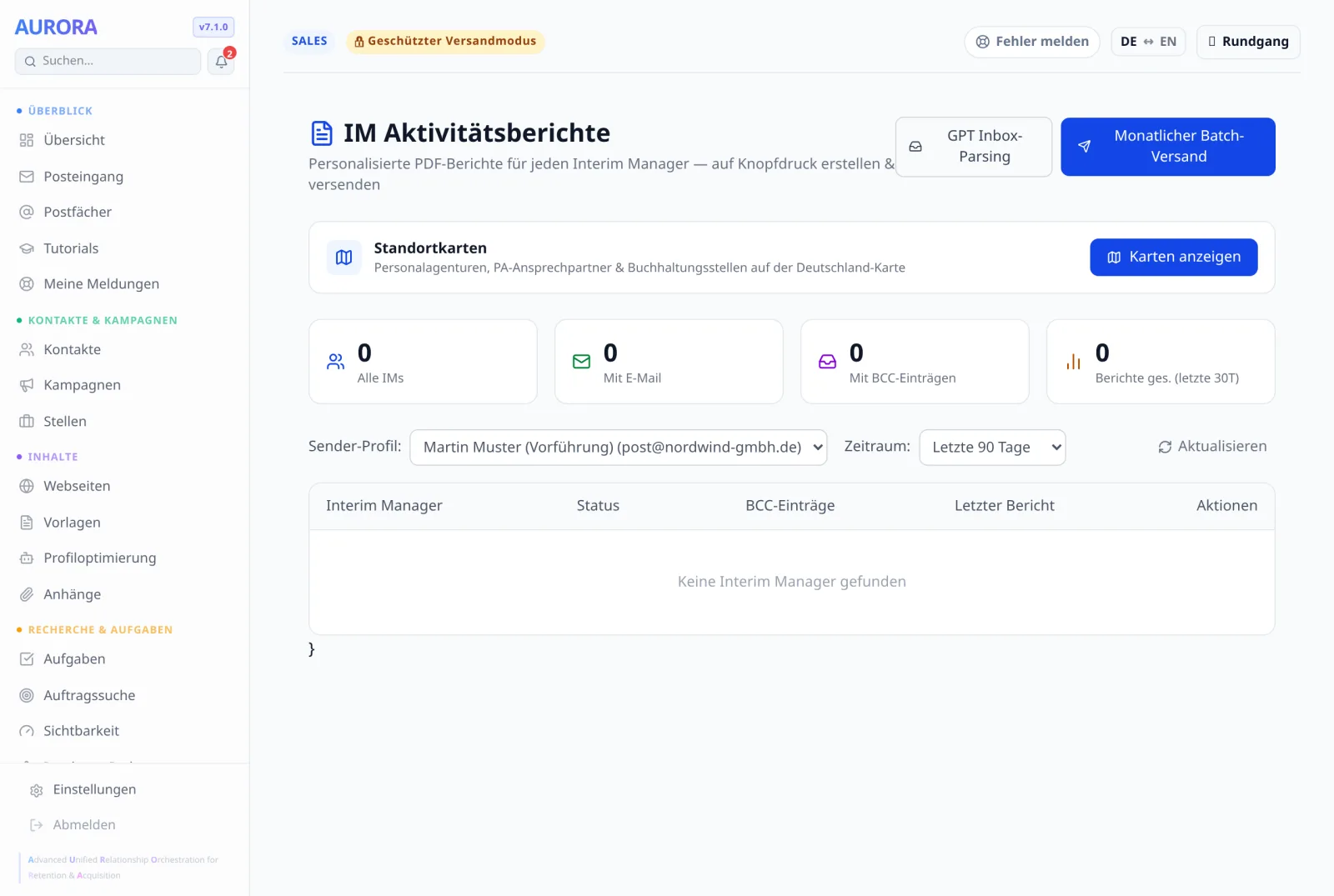 Oben stehen Sender-Profil und Zeitraum, darunter die Liste. Ohne angelegte Interim Manager meldet sie „Keine Interim Manager gefunden“.