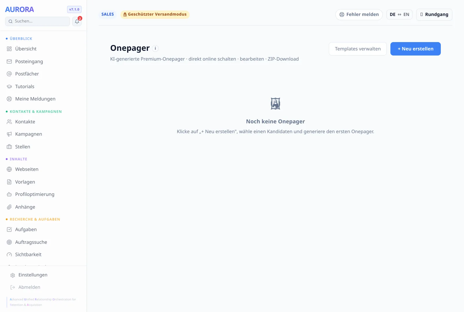Solange keiner angelegt ist, steht dort „Noch keine Onepager“. Angelegt wird über „+ Neu erstellen“.