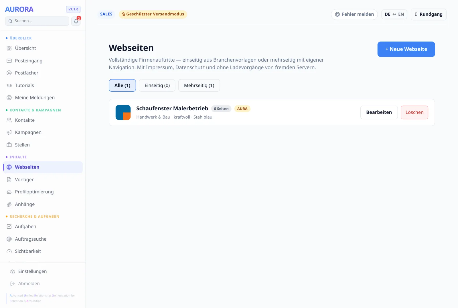Unter Webseiten liegen die Firmenauftritte, einseitig oder mehrseitig. Neue kommen über „+ Neue Webseite“ dazu.